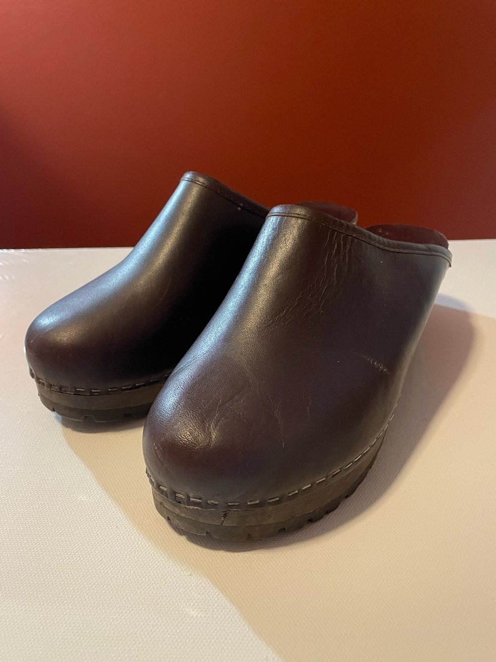 J Crew Women’s Chunky Brown Leather Italian Made Slip On Mules Clogs